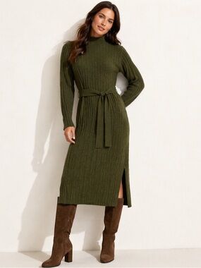 LOFT Olive Green Ribbed Sweater Dress Large Midi Belted Side Slit Mock Neck